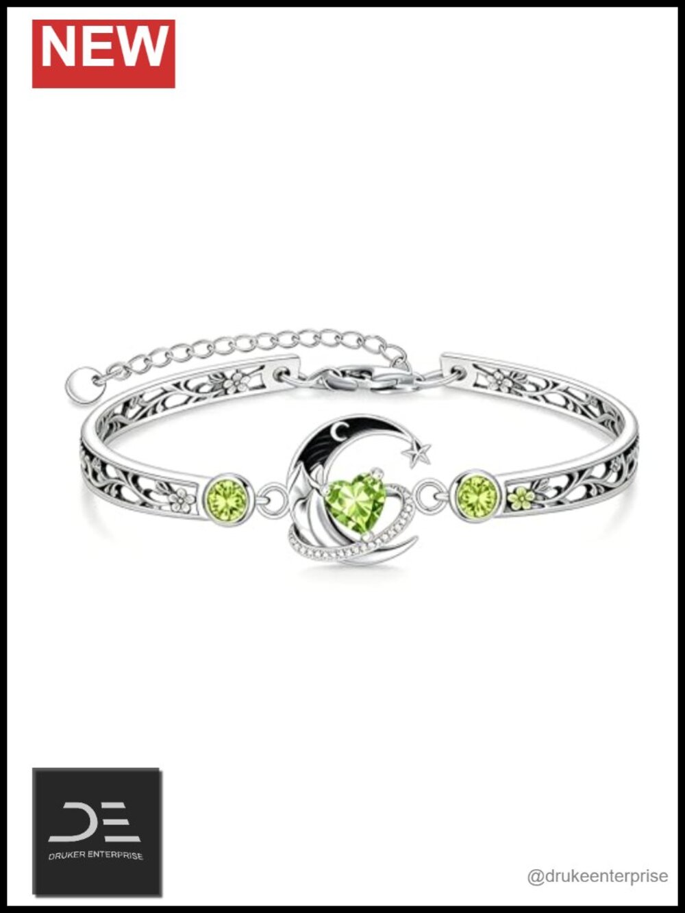 Sterling Silver Moon and Star Bangle Bracelet with Heart Cut Birthstone